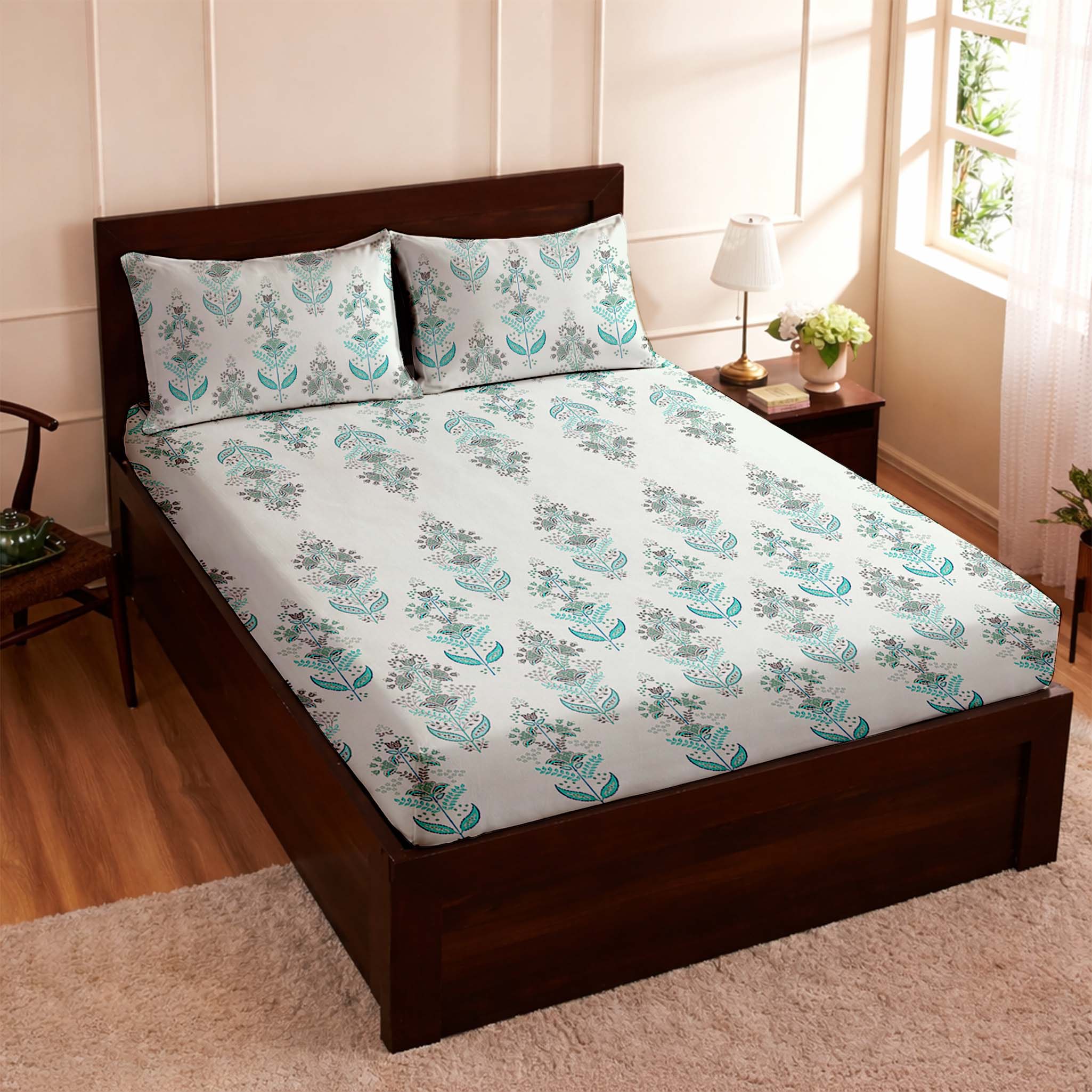 Raymond 100% Cotton Feel Bedsheets 200 TC for Double Bed King Size (108 x108 Inch) with 2 Large Size Pillow Covers | Soft and Breathable | Wrinkle-Free | Premium Printed Design Blue and White Floral